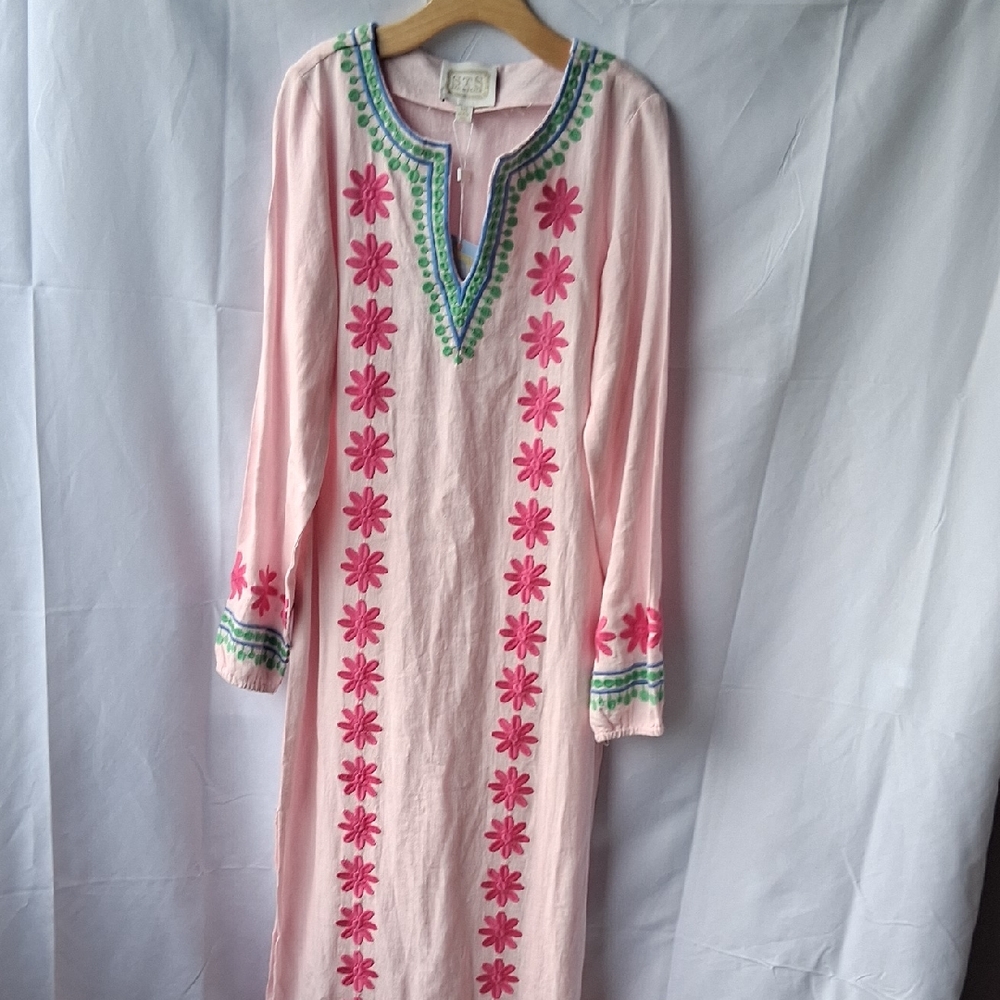 Sail to Sable Caftan Pink Maxi Embroidery Dress XXS Linen Blend